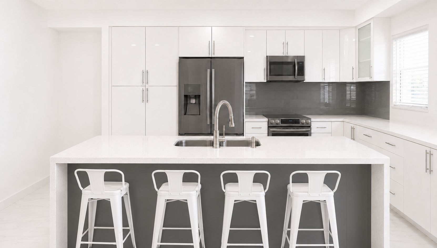 Bright white kitchen with island