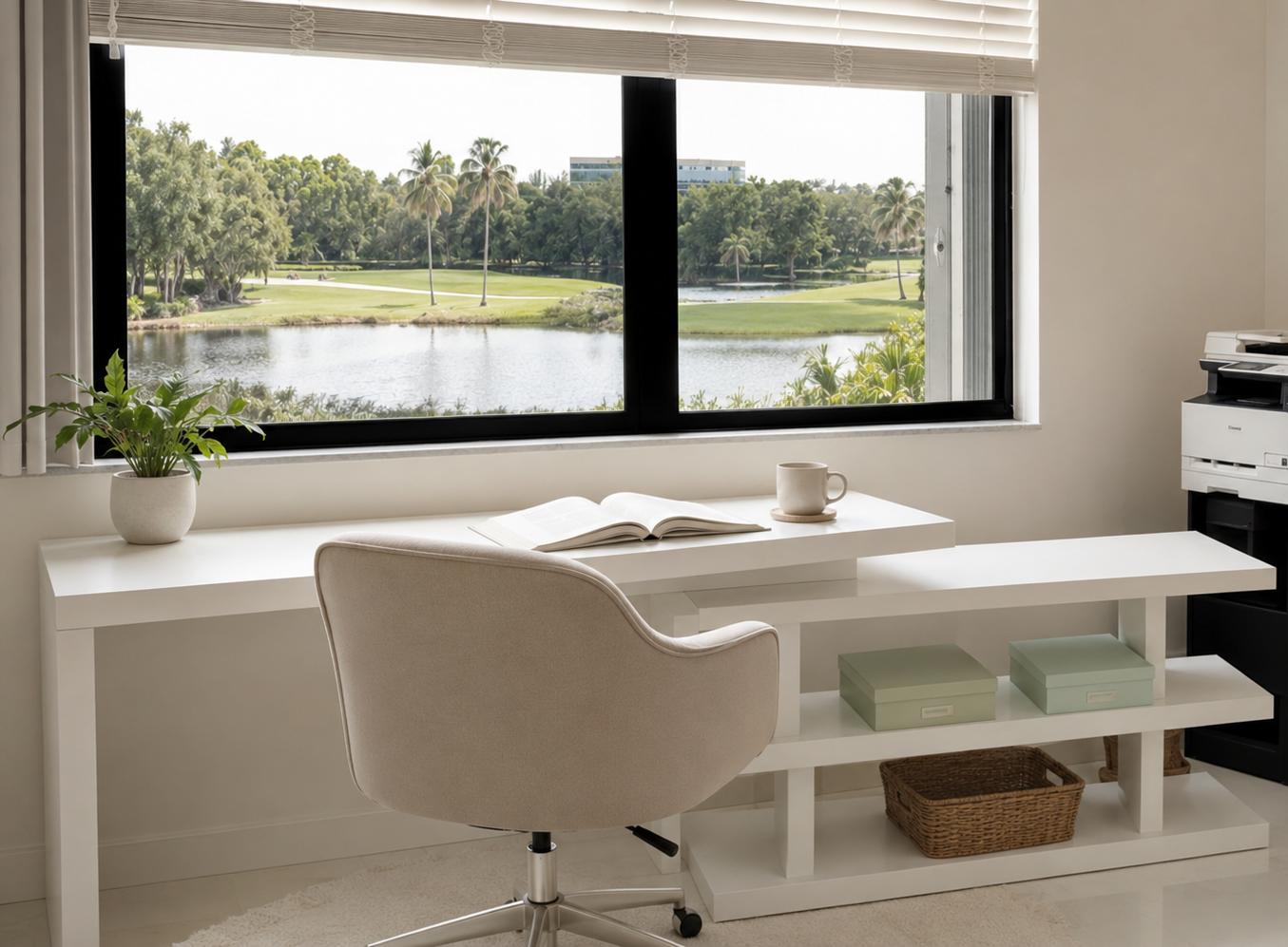 Desk with a lake and palm view